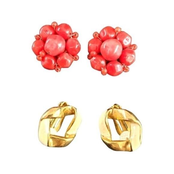 VINTAGE Coral Hand-wired Beaded & Gold-Tone Enamel & Clip-On Earrings- LOT OF 2